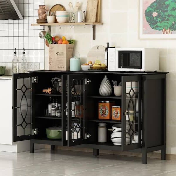 Fufu&gaga Black Modern Wood Buffet Sideboard With Storage Cabinet, Glass  Doors, And Adjustable Shelves For Kitchen Dining Room Kf330001 02 – The  Home Depot Regarding Fashionable Sideboard Buffet Cabinets (View 7 of 15)