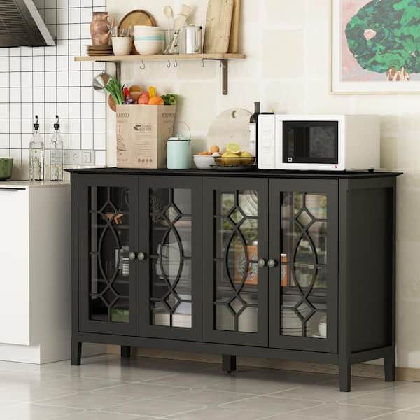 Fufu&gaga Black Modern Wood Buffet Sideboard With Storage Cabinet, Glass  Doors, And Adjustable Shelves For Kitchen Dining Room Kf330001 02 – The  Home Depot Regarding Latest Buffet Tables For Dining Room (View 3 of 15)