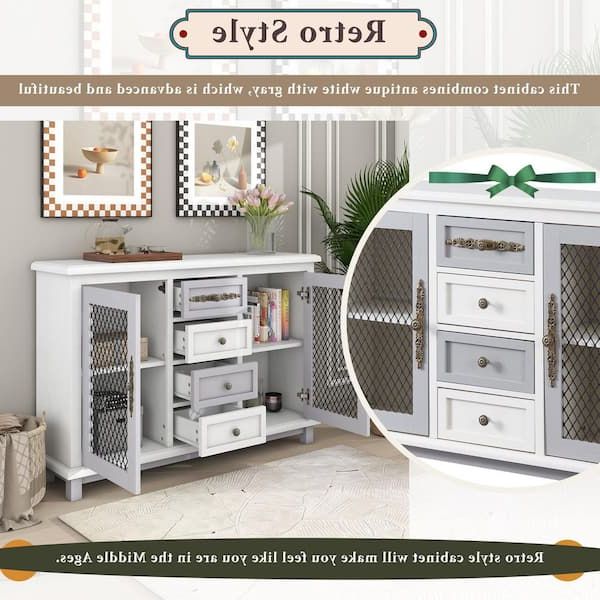 Harper & Bright Designs Retro Style White Sideboard With 4 Drawers And 2  Iron Mesh Doors Xw046aaa – The Home Depot In Most Recent Sideboards With Breathable Mesh Doors (View 8 of 15)