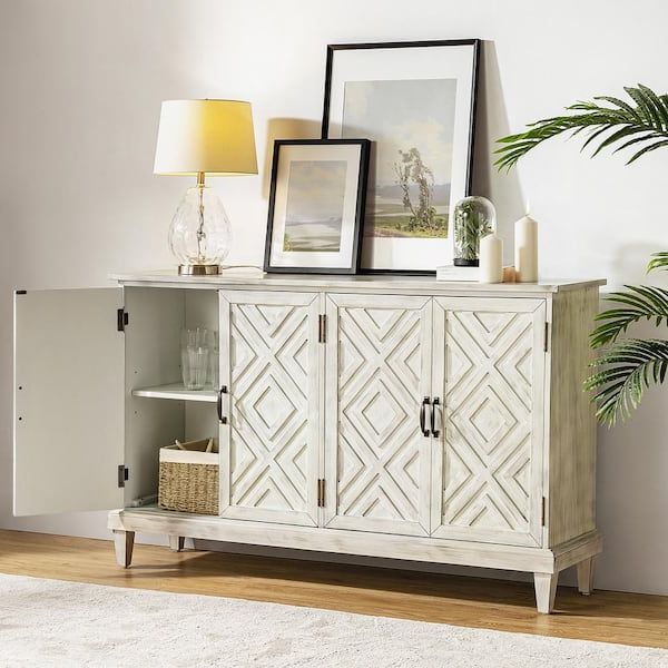 Jayden Creation Arne 60'' Wide Traditional Solid Wood 4 Doors Geometric  Patterns Storage Sideboard With Adjustable Shelves White Sbty0656 Wte – The  Home Depot In Best And Newest Sideboards With Adjustable Shelves (Photo 3 of 15)