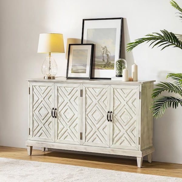 Jayden Creation Arne 60'' Wide Traditional Solid Wood 4 Doors Geometric  Patterns Storage Sideboard With Adjustable Shelves White Sbty0656 Wte – The  Home Depot Pertaining To Latest Geometric Sideboards (Photo 6 of 15)
