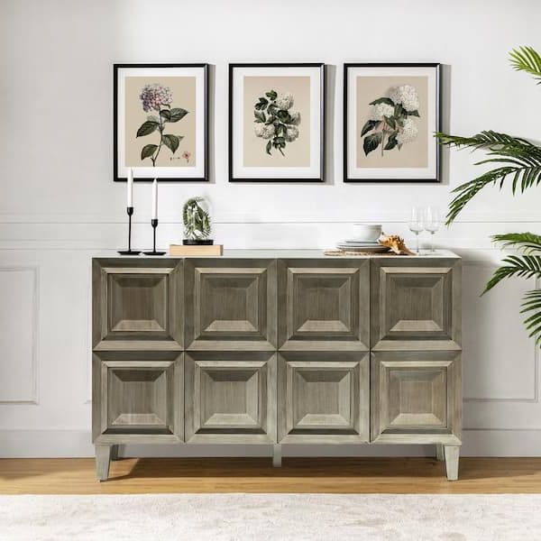 Jayden Creation Belle Oatmeal Wood 58'' Wide Sideboard With Two Adjustable  Shelves And Block Patterned Door Sbhm0740 Otm – The Home Depot With Regard To Trendy Sideboards With Adjustable Shelves (View 8 of 15)