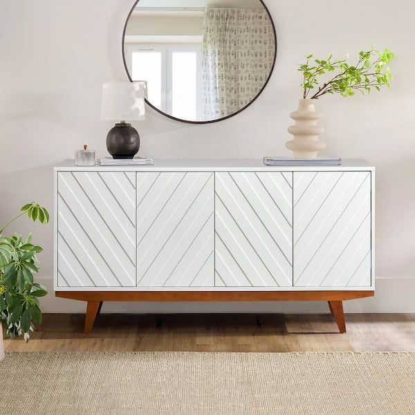 Jayden Creation Horaz White Wood 60 In.w 4 Doors Mid Century Modern  Sideboard With Solid Wood Legs Sbhm0638 Wte – The Home Depot Pertaining To Well Known Mid Century Modern White Sideboards (Photo 15 of 15)