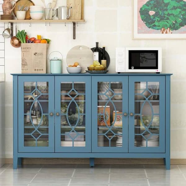 Latest Fufu&gaga Modern Blue Wood Buffet Sideboard With Storage Cabinet, Glass  Doors, And Adjustable Shelves For Kitchen Dining Room Kf330001 03 – The  Home Depot Inside Sideboard Buffet Cabinets (Photo 15 of 15)