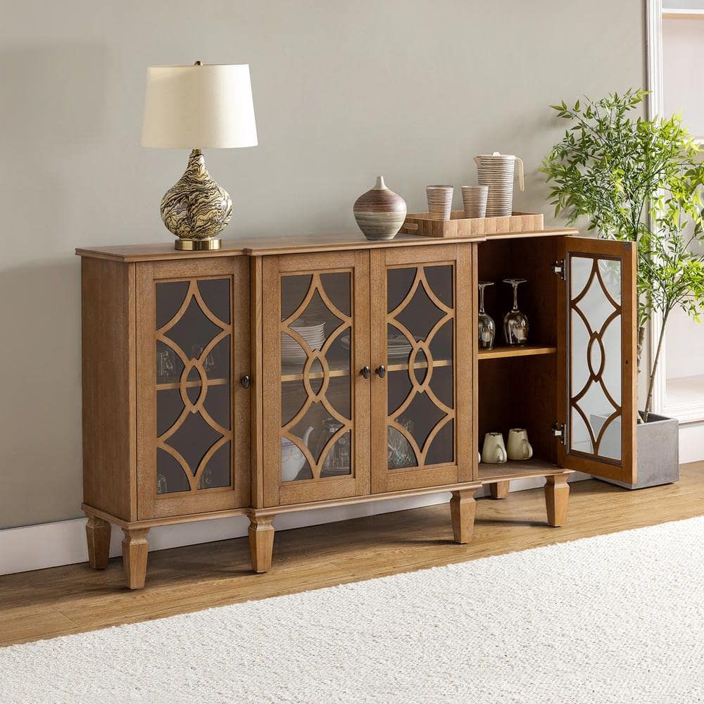Latest Geometric Sideboards Intended For Jayden Creation Georgia 60 In. Wide Traditional Geometric Pattern Acorn  Sideboard With 4 Glass Doors And Adjustable Shelves Sbhm0767 Acr – The Home  Depot (Photo 12 of 15)