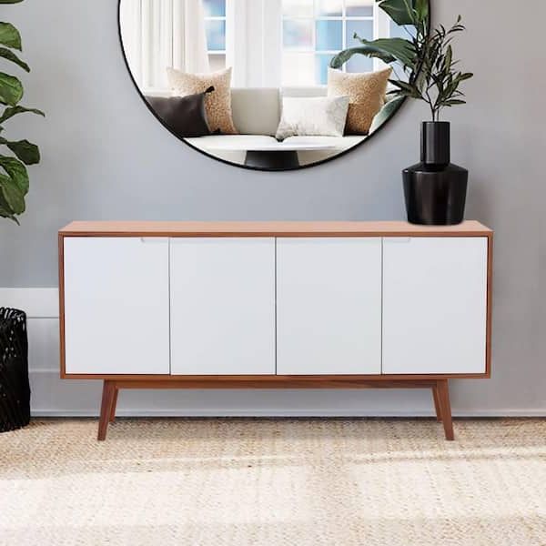 Mid Century Modern White Sideboards Inside Most Recently Released Zeus & Ruta Walnut Wood And White Buffet Table With 4 Doors 2 Adjustable  Shelves Solid Wood Legs Mid Century Modern Console Table Ssi211209 – The  Home Depot (Photo 7 of 15)