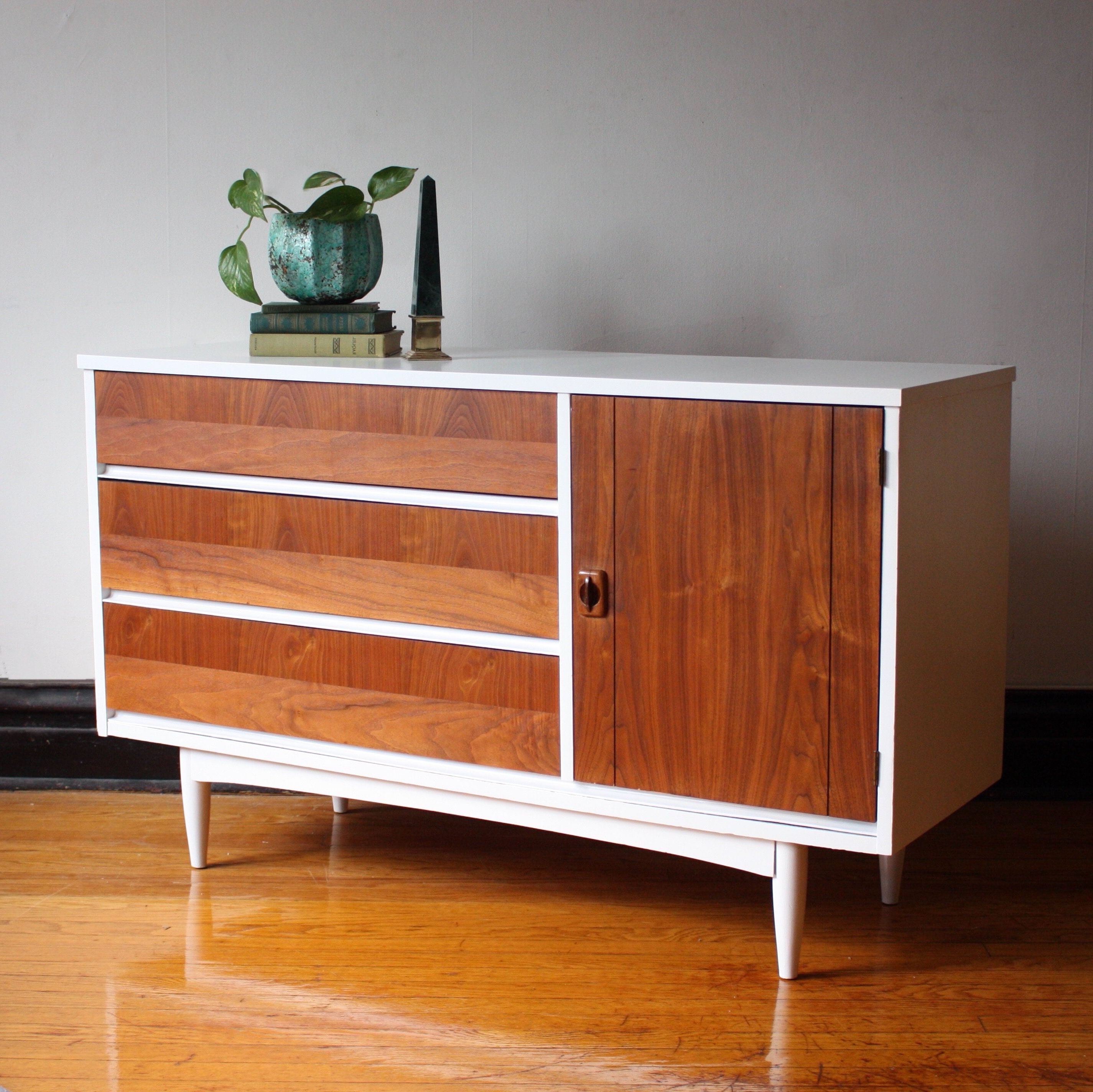 Mid Century Modern White Sideboards Intended For Most Popular Soldwhite And Wood Mid Century Modern Credenza//mcm Media – Etsy (View 6 of 15)