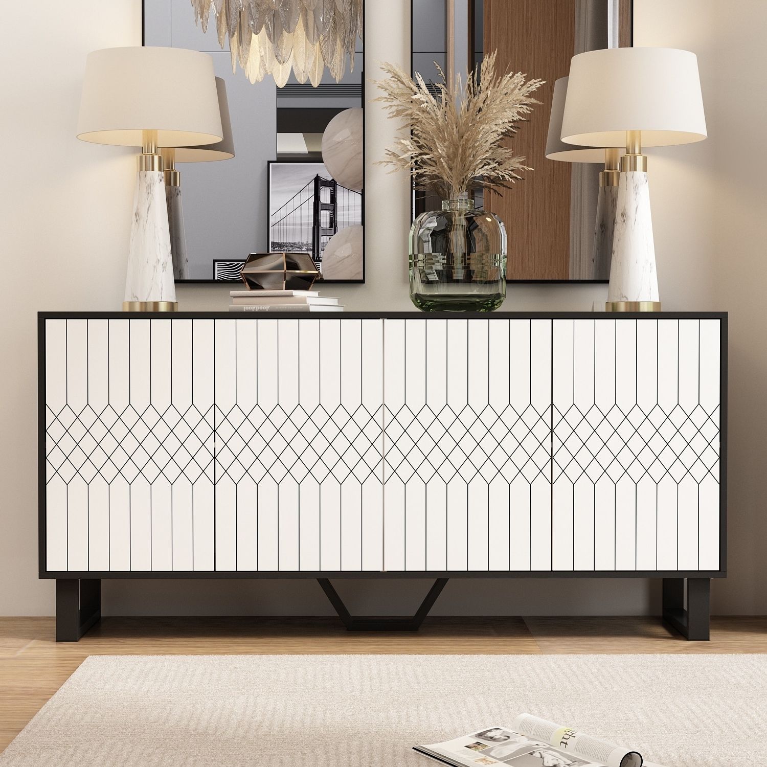 Modern 4 Door Bookmatch Buffet 63inch Black White End Table Sideboard – On  Sale – Bed Bath & Beyond – 37181869 Inside Trendy Sideboards Bookmatch Buffet (Photo 12 of 15)