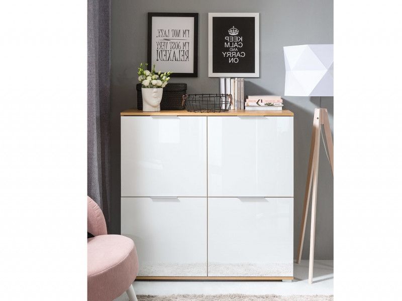 Modern Square Small Sideboard 4 Door Cabinet Storage Unit White Gloss/oak (Photo 13 of 15)