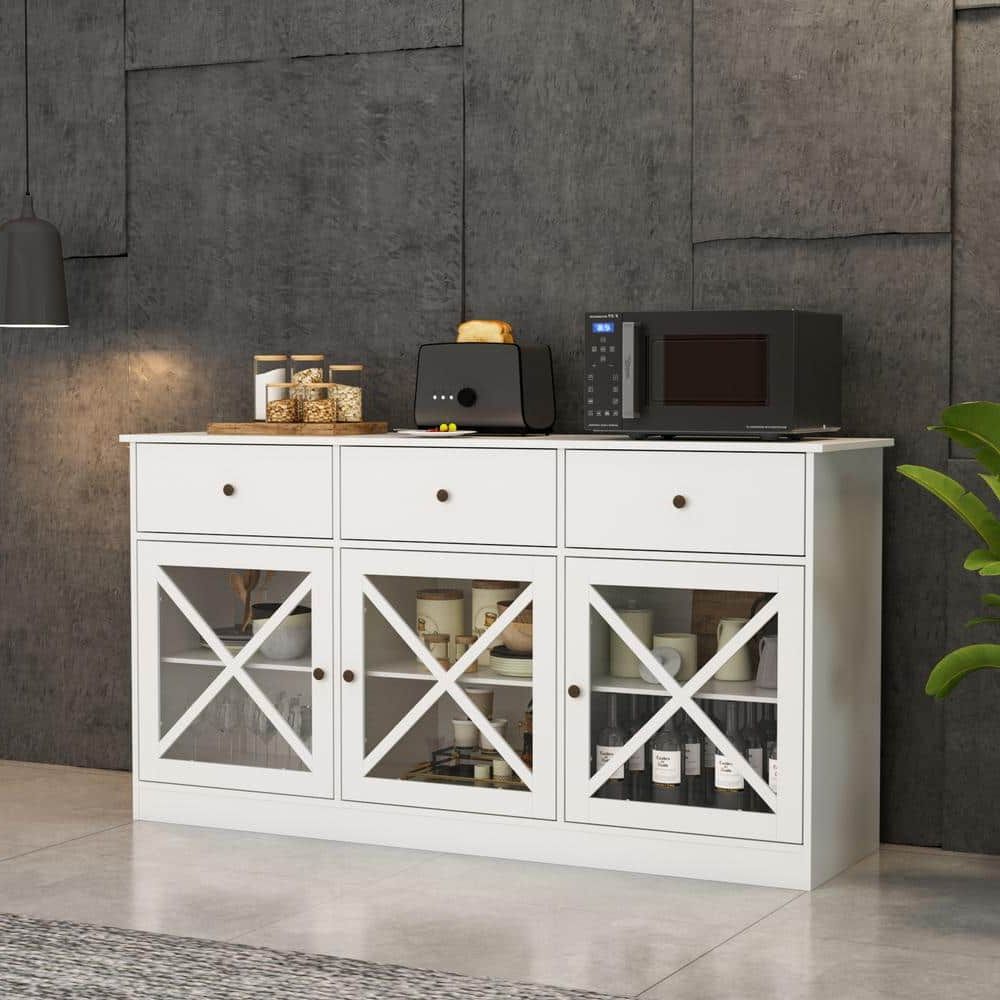 Most Current Sideboards With 3 Doors Pertaining To Fufu&gaga 62 In. White Sideboard With 3 Drawer And 3 Doors White Cabinets  With Large Storage Spaces Kf260033 01 – The Home Depot (Photo 13 of 15)