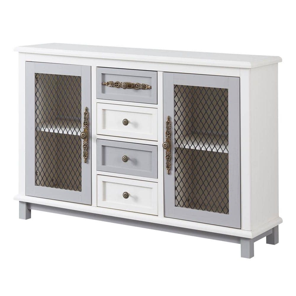 Most Popular Antique White And Gray Retro Style Cabinet With 4 Drawers Of The Same Size  And 2 Iron Mesh Doors Ec Ctbn 9154 – The Home Depot Throughout Sideboards With Breathable Mesh Doors (Photo 10 of 15)