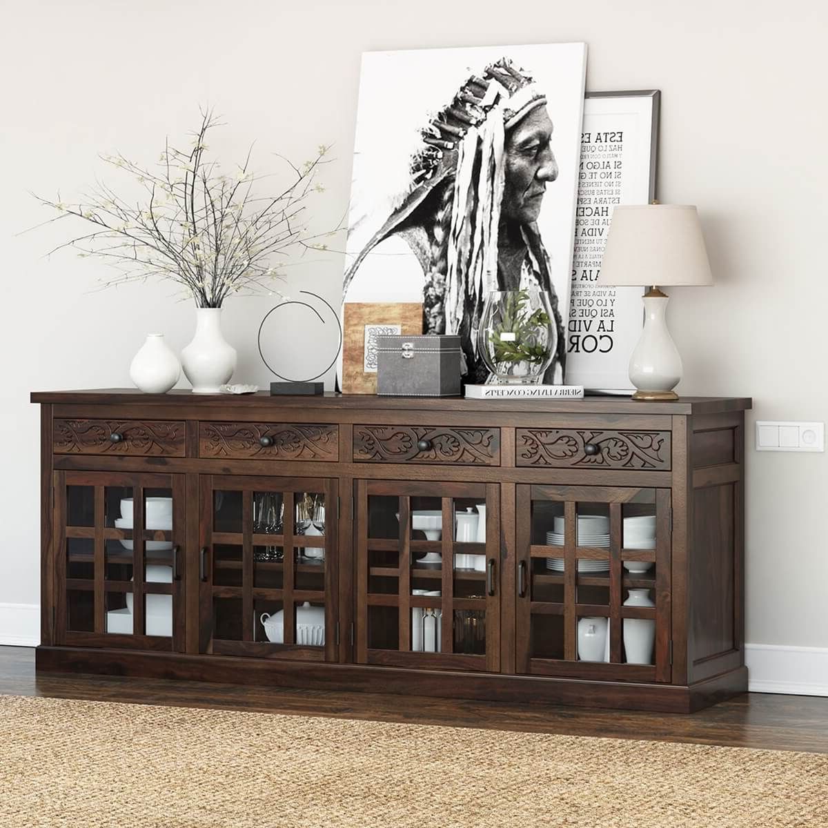 Most Popular Dallas Ranch Rustic Solid Wood 4 Drawer Extra Long Buffet Cabinet With Regard To Sideboard Buffet Cabinets (View 6 of 15)