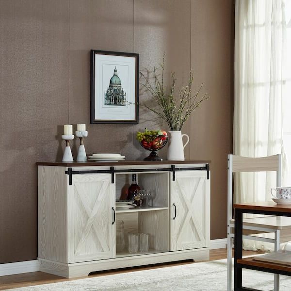 Most Recent Anbazar White Buffet Sideboard With 2 Sliding Barn Doors, Kitchen Accent  Storage Cabinet With Storage Shelves For Dining Room D 001259 W – The Home  Depot In White Sideboards For Living Room (Photo 1 of 15)