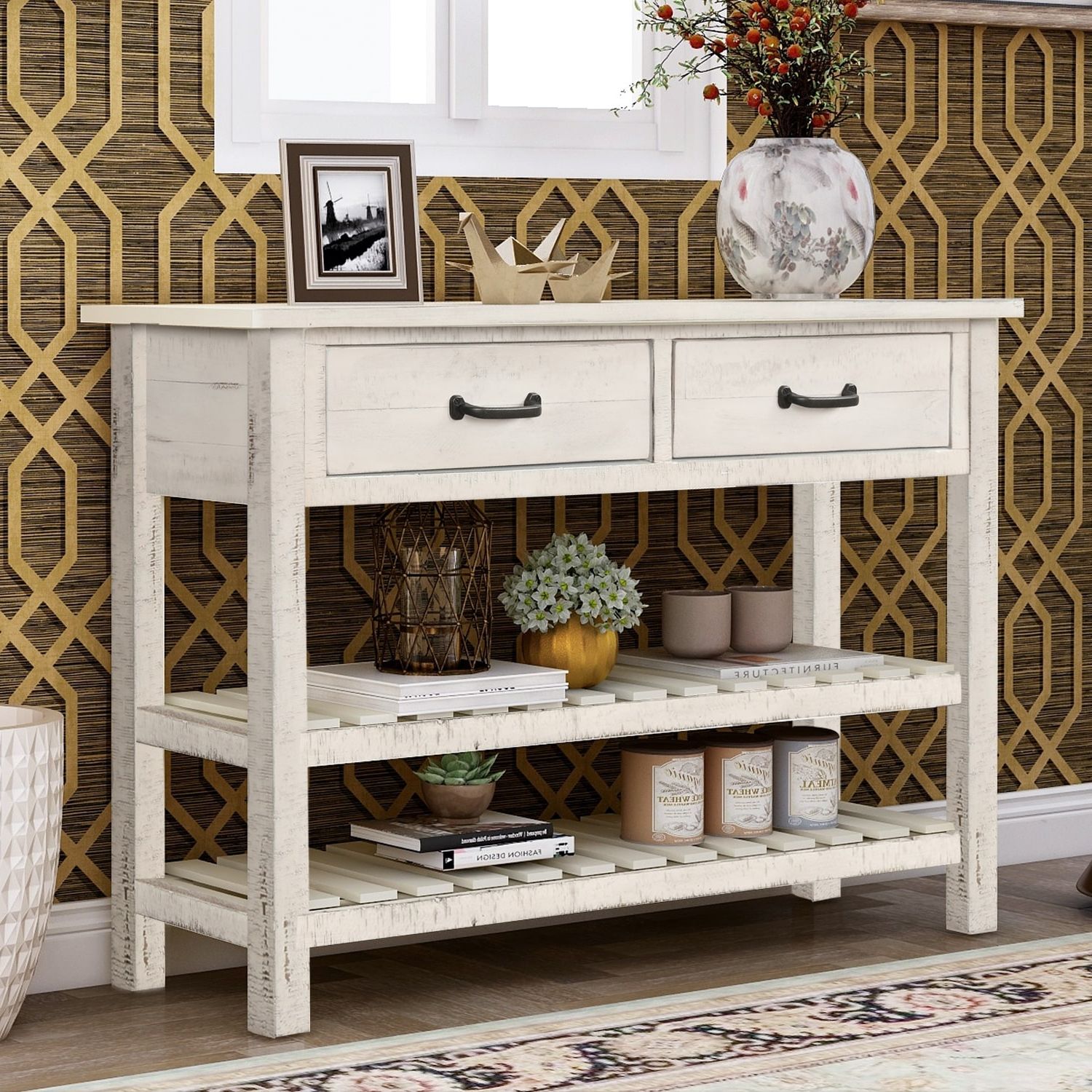 Most Recent Entry Console Sideboards Regarding Retro Console Table Sideboard Cabinet For Entryway With 2 Drawers And 2  Slatted Bottom Shelves, Antique White – Bed Bath & Beyond – 34861028 (Photo 6 of 15)