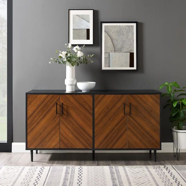 Most Recent Sideboards Bookmatch Buffet In Walker Edison Furniture Company Hampton 58 In. Acorn Bookmatch And Solid  Black Buffet Stand Hd8822 – The Home Depot (Photo 6 of 15)