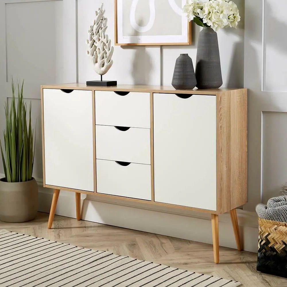 Most Recently Released 3 Drawers Sideboards Storage Cabinet For Sideboard Oak White Storage Cabinet 2 Door 3 Drawer Cupboard Solid Wood  Legs (View 12 of 15)