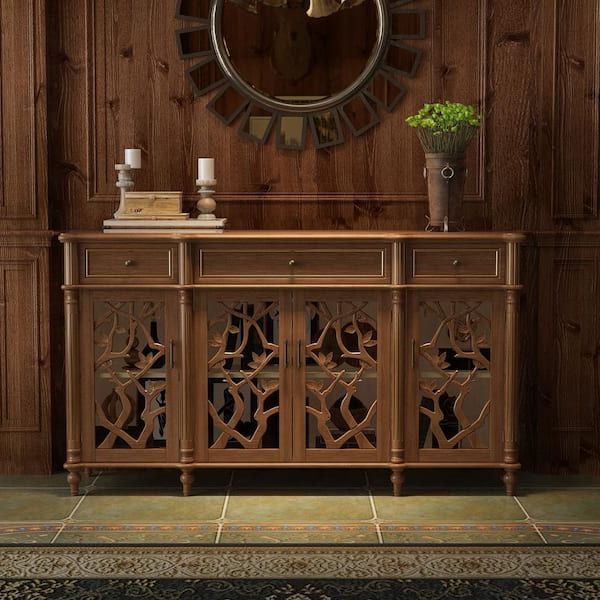 Most Recently Released Brown Finished Wood Sideboards Throughout Fufu&gaga Brown Distressed Paint Finish Buffets & Sideboards Storage  Cabinet With Hollow Out Carved Glass Doors And Drawers Kf390002 01 – The  Home Depot (View 10 of 15)