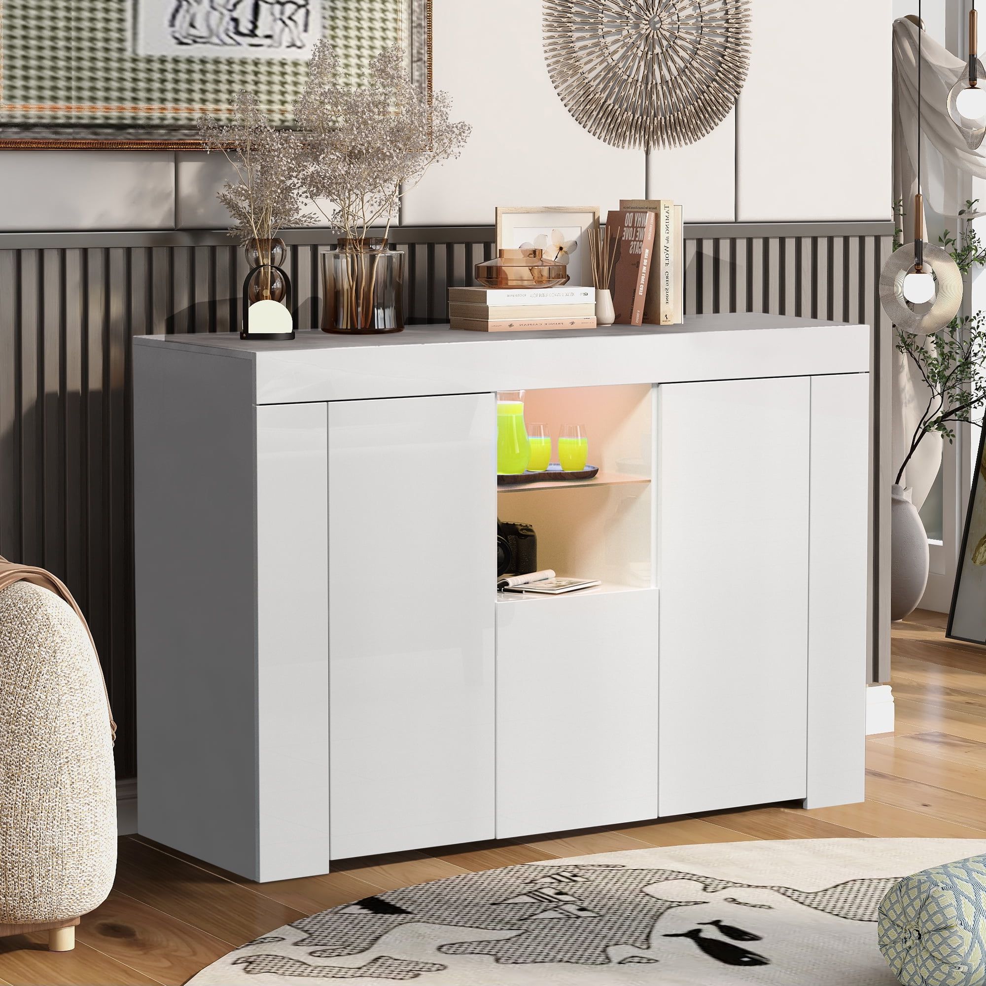 Most Recently Released Sideboards With Led Light With Sideboard Buffet Cabinet, Seventh High Gloss Wood Sideboard Cupboard With Led  Lights And Shelves, Kitchen Storage Server Table With Open Space, Modern  Dining Room Sideboards And Buffets, White, J4130 – Walmart (Photo 14 of 15)