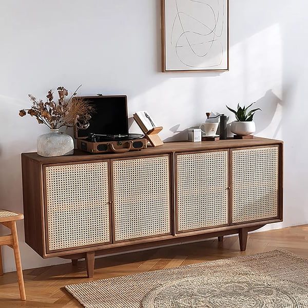 Most Up To Date Assembled Rattan Buffet Sideboards Regarding 70" Nordic Walnut Sideboard Buffet Rattan Kitchen Cabinet With 4 Doors 4  Shelve In Large Homary (View 15 of 15)