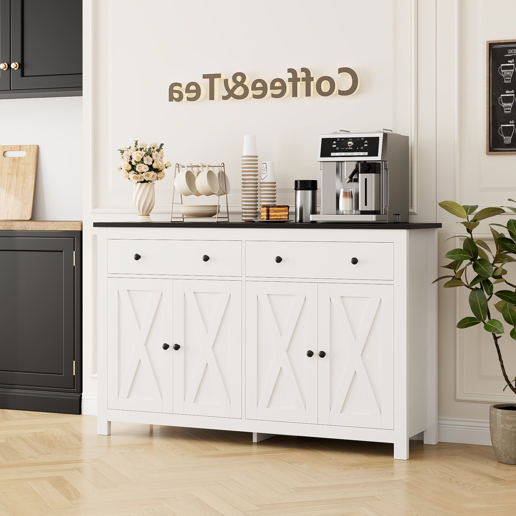 Newest Homfa 4 Doors With 2 Drawers Farmhouse Storage Cabinet, Wood Kitchen  Sideboard With Adjustable Shelves, White Black – Walmart For Sideboards With Adjustable Shelves (Photo 4 of 15)