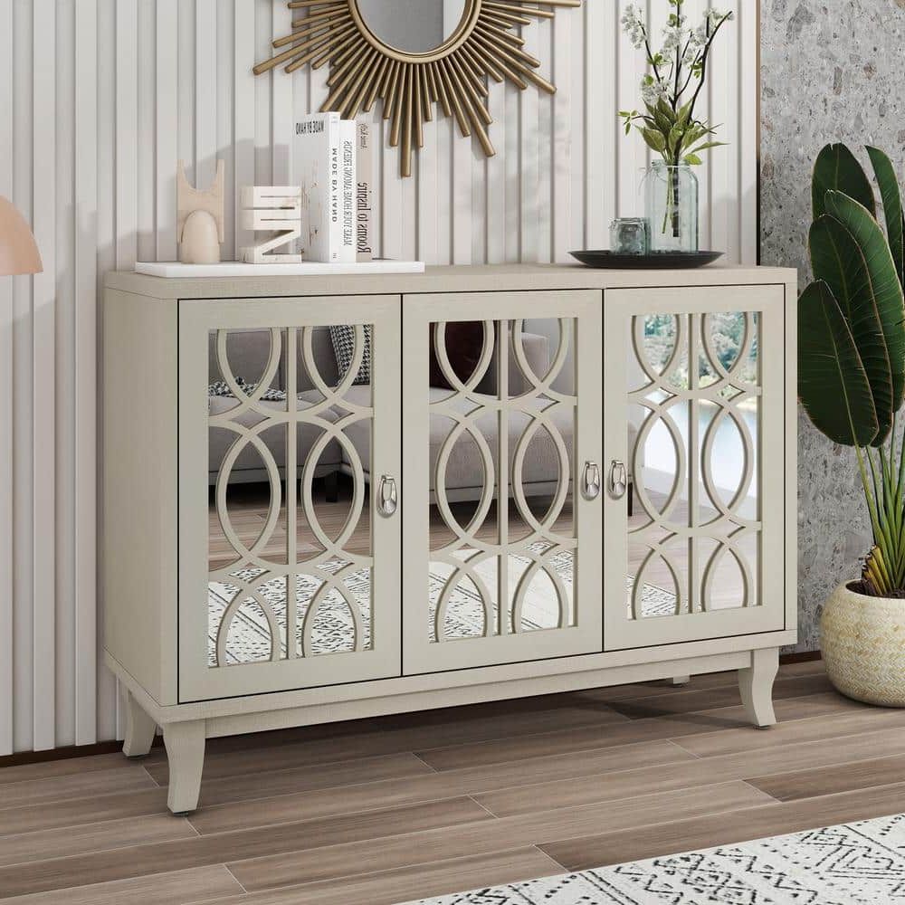 Popular Champagne Wood 47.2 In. Sideboard Modern Buffet Cabinet Storage Console  With 3 Glass Doors And Adjustable Shelves Fy Wf304918aan – The Home Depot Pertaining To Sideboards With Power Outlet (Photo 10 of 15)