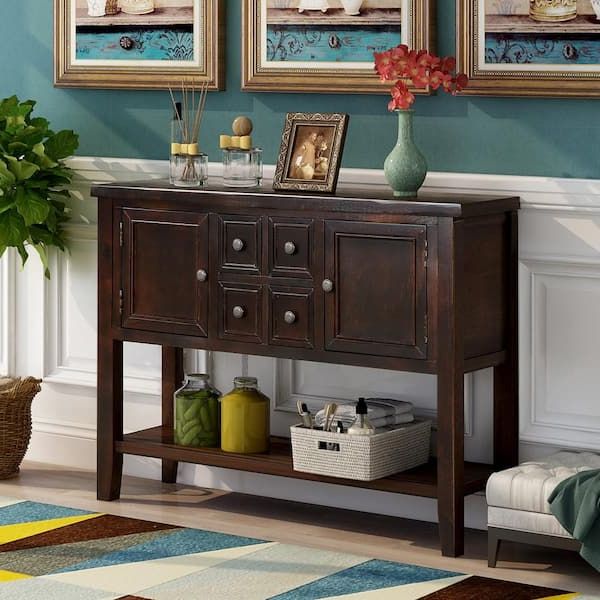 Popular Sideboards Cupboard Console Table Throughout Aoibox Espresso Mdf Top 46 In. Sideboard Farmhouse Console Table With 2  Cabinet, 4 Small Drawers And Bottom Shelf Snmx3649 – The Home Depot (Photo 4 of 15)