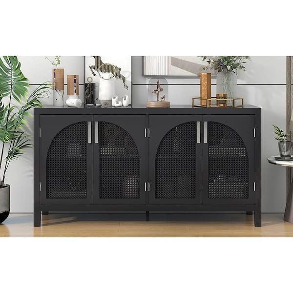 Preferred Assembled Rattan Sideboards Within Black Wood 60 In. 4 Rattan Door Sideboard Modern Buffet Cabinet With  Adjustable Shelves And Large Storage Space Fy Wf305237aab – The Home Depot (Photo 14 of 15)