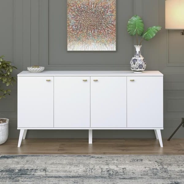 Prepac Milo Mid Century Modern White 4 Door Buffet Wcbl 1415 1 – The Home  Depot Within Trendy Mid Century Modern White Sideboards (Photo 1 of 15)