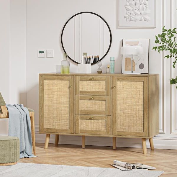 Rattan Buffet Tables Within Well Liked Aupodin Rattan Buffet Sideboard With 3 Drawers, Entryway Serving Accent  Storage Cabinet Natural Oak H0028 – The Home Depot (View 13 of 15)