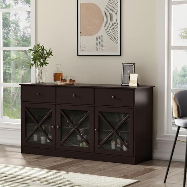 Recent Fufu&gaga 62 In. Dark Brown Sideboard With 3 Drawer And 3 Doors White  Cabinets With Large Storage Spaces Kf260033 02 – The Home Depot In Sideboards With 3 Drawers (Photo 8 of 15)