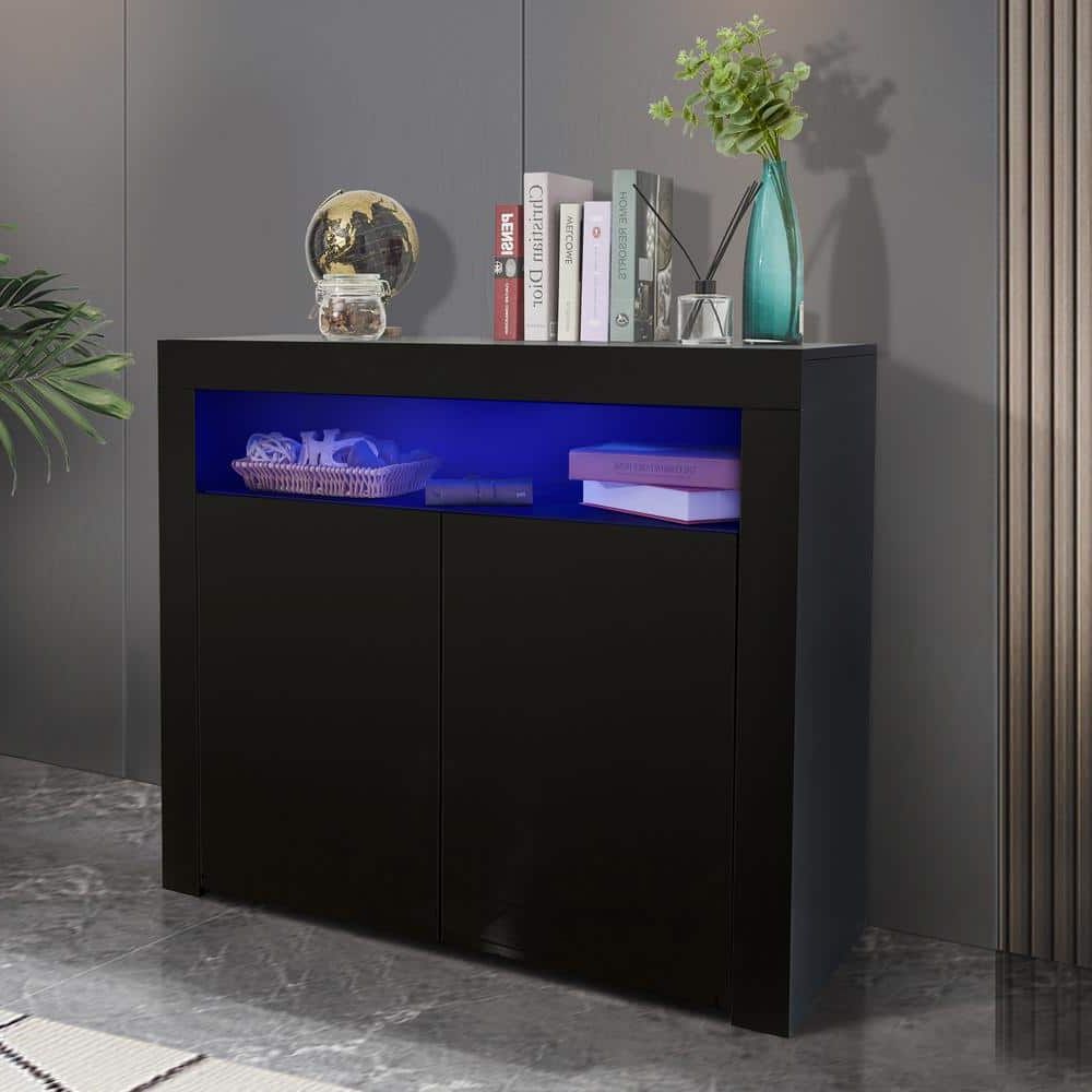 Recent Godeer Black Sideboard Storage Cabinet With Led Light And 2 Doors For  Hallway Dining Room A775w44476 – The Home Depot Inside Sideboards With Led Light (Photo 9 of 15)