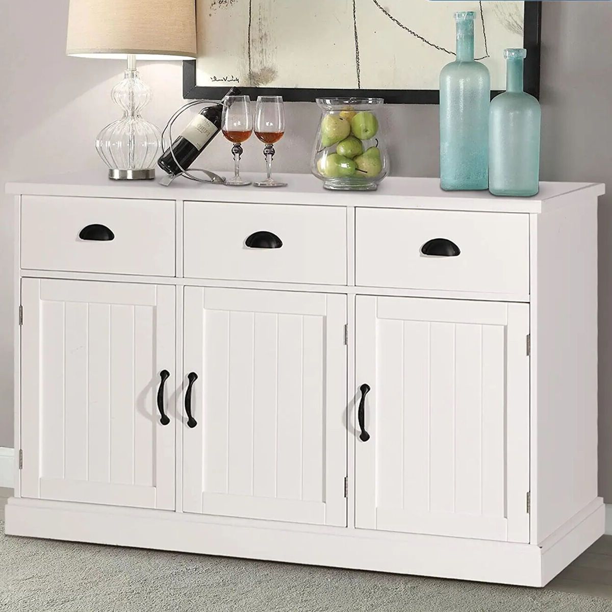 Sideboard Storage Cabinet With 3 Drawers & 3 Doors For Most Up To Date Sideboard Buffet Storage Cabinet W/3 Door 3 Drawers Farmhouse Coffee Bar  Cabinet (View 9 of 15)