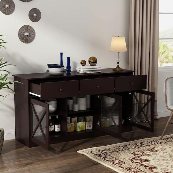 Sideboard Storage Cabinet With 3 Drawers & 3 Doors With Regard To Most Up To Date Fufu&gaga 62 In. Dark Brown Sideboard With 3 Drawer And 3 Doors White  Cabinets With Large Storage Spaces Kf260033 02 – The Home Depot (Photo 12 of 15)