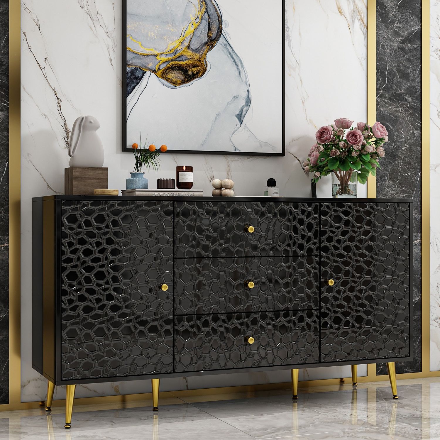 Sideboards Accent Cabinet Inside Well Known Buffet Accent Cabinet Sideboard Cabinet With Gold Legs, Black/white –   (View 4 of 15)