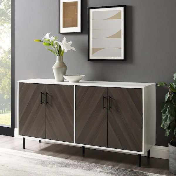 Sideboards Bookmatch Buffet In Well Known Walker Edison Furniture Company Hampton 58 In. Ash Brown Bookmatch And  Solid White Buffet Stand Hd8821 – The Home Depot (Photo 2 of 15)