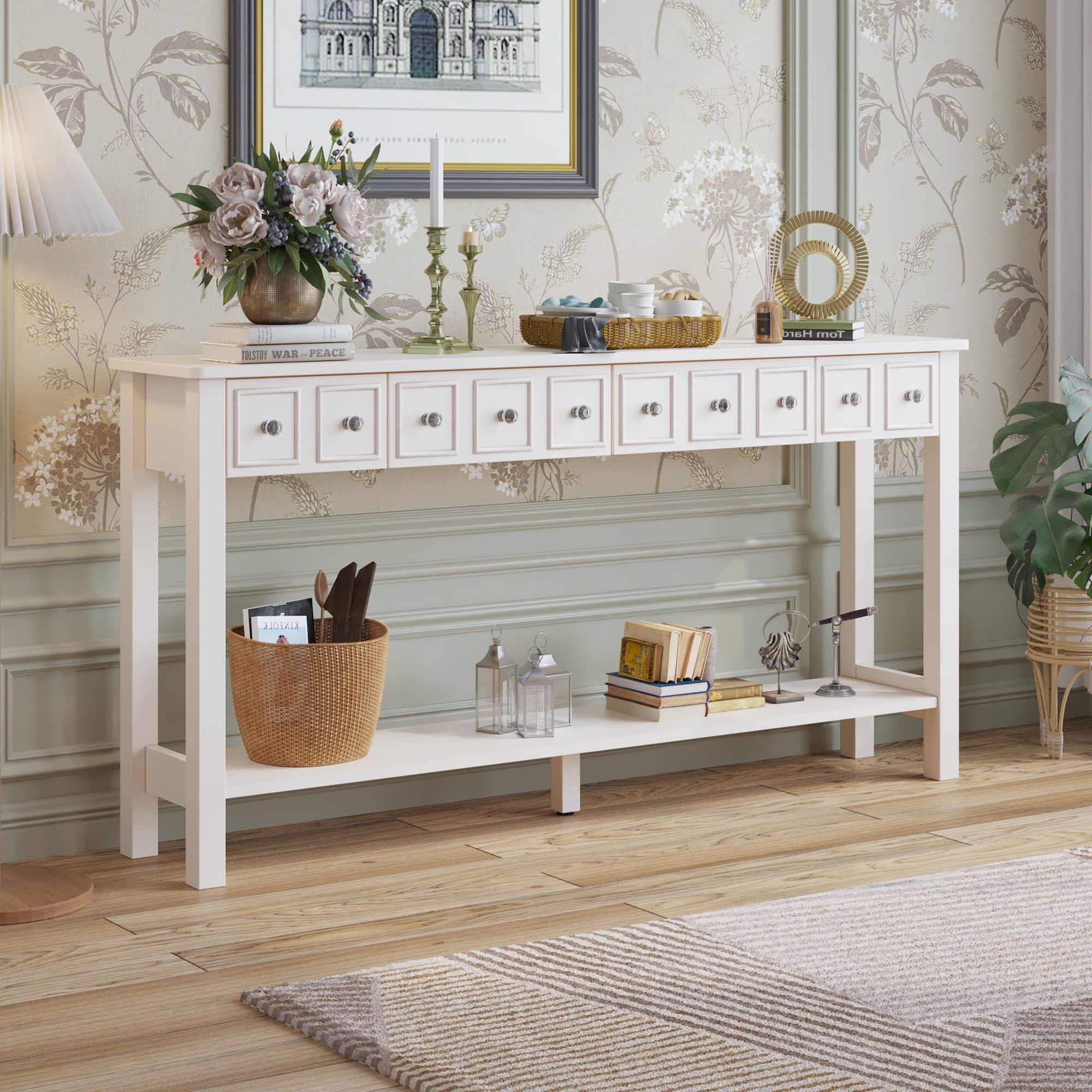 Sideboards Cupboard Console Table In Most Popular Console Sofa Table With 4 Drawers, 58'' Wood Buffet Sideboard Desk W/bottom  Shelf, Retro Tall Entryway Table W/ Mdf Panel For Kitchen Dining Room  Cupboard, 144lbs, Ivory White, Ss1202 – Walmart (Photo 6 of 15)