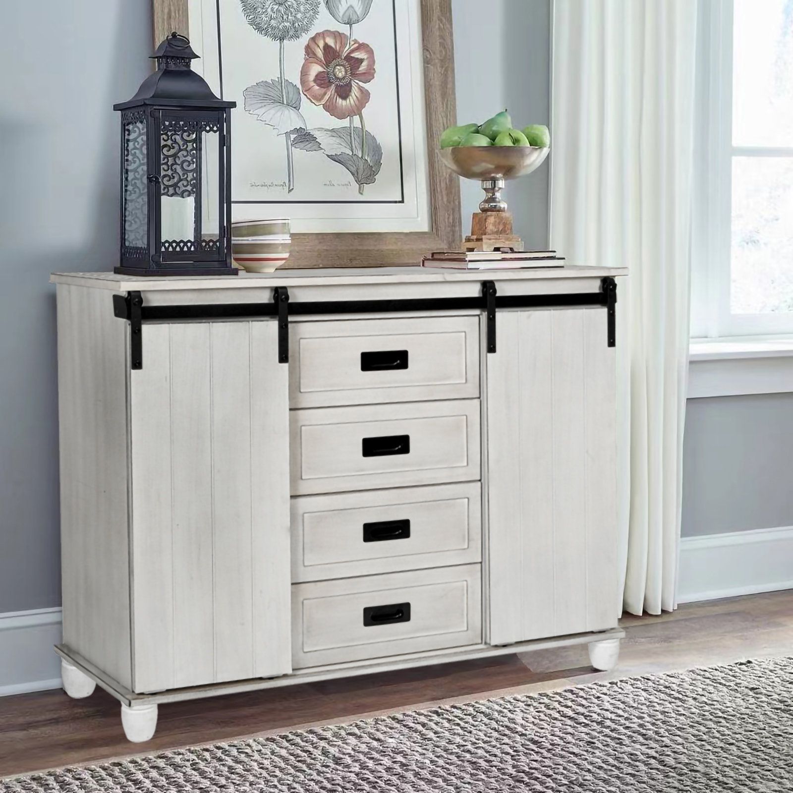Sideboards Double Barn Door Buffet Throughout Newest Gracie Oaks Redgate 45" Wide White Storage Cabinet Sideboard With 4 Drawers  And 2 Sliding Barn Doors & Reviews (View 9 of 15)