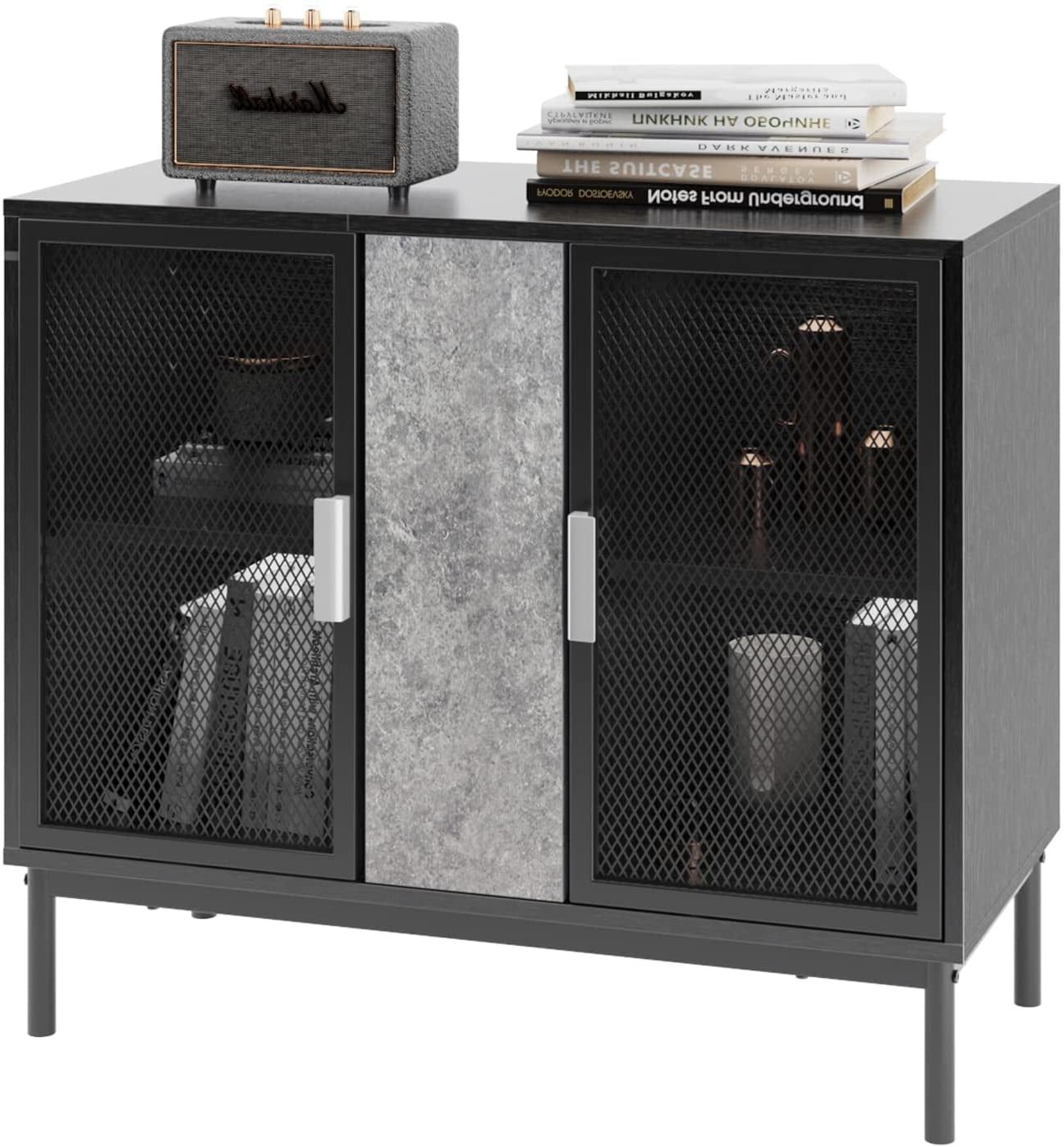 Sideboards With Breathable Mesh Doors Regarding Popular Soges Accent Storage Cabinet With 2 Metal Mesh Doors, 34.4 Inches Cupboard  Sideboard With Rebound Device, Console Table Entry Table For Living Room,  Bedroom, Kitchen, Black & Grey – Walmart (Photo 4 of 15)