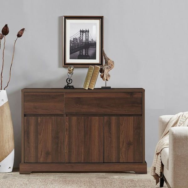 Sideboards With Power Outlet With Regard To Well Known Gymax Buffet Walnut Sideboard Console Table Server Cupboard Cabinet With  2 Storage Drawers Gym04414 – The Home Depot (Photo 13 of 15)