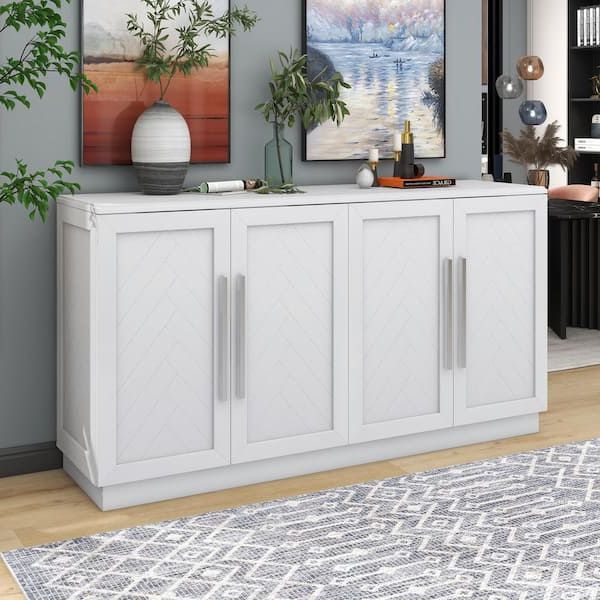 Storage Cabinet Sideboards With Regard To Most Popular White Wood 60 In. 4 Doors Sideboard Buffet Cabinet With Adjustable Shelves  And Large Storage Space Fy Xw000013aak – The Home Depot (Photo 4 of 15)