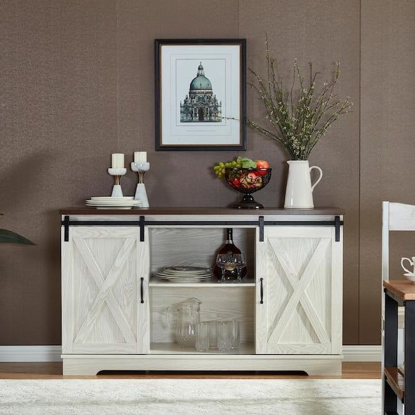 Trendy Anbazar White Buffet Sideboard With 2 Sliding Barn Doors, Kitchen Accent  Storage Cabinet With Storage Shelves For Dining Room D 001259 W – The Home  Depot Pertaining To Sideboards Double Barn Door Buffet (View 8 of 15)