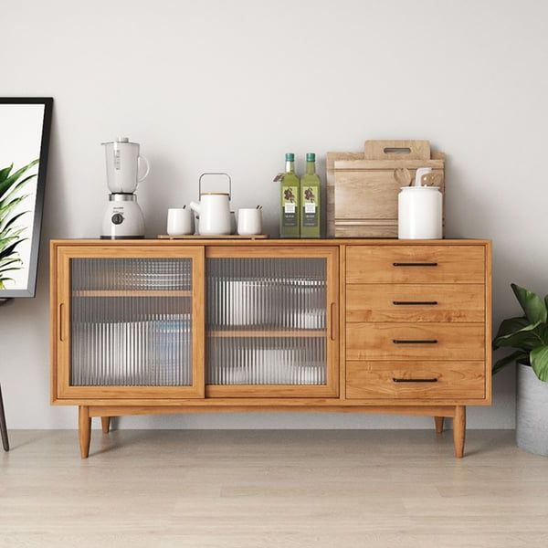 Trendy Mid Century Modern 55" Natural Sideboard Buffet With 2 Glass Doors & 4  Drawers & 1 Shelf Homary In Mid Century Modern Sideboards (Photo 13 of 15)