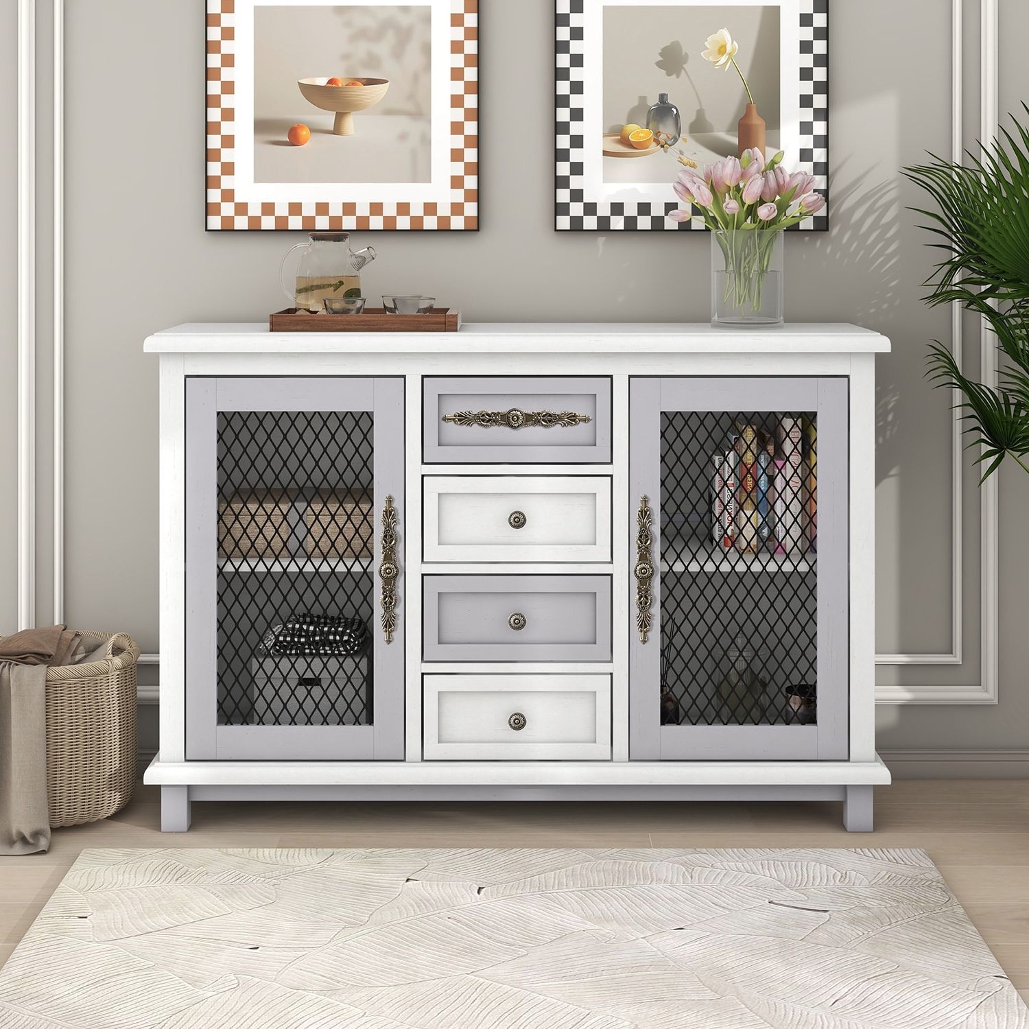 Trendy Retro Buffets Sideboard Cabinet With 4 Drawers And 2 Iron Mesh Doors – On  Sale – Bed Bath & Beyond – 37167131 Within Sideboards With Breathable Mesh Doors (Photo 3 of 15)