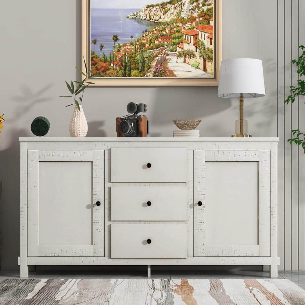 Urtr Antique White Retro Buffet Sideboard Storage Cabinet With 2 Cabinets  And 3 Drawers, Large Storage Spaces For Dining Room T 01233 K – The Home  Depot Pertaining To 2020 Wide Buffet Cabinets For Dining Room (Photo 6 of 15)
