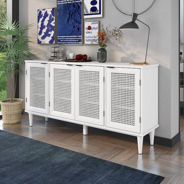 Well Known Angel Sar 58 In W. White Large Storage Space Sideboard With Four Artificial  Rattan Doors For Living Room And Entryway Aa000356 – The Home Depot Pertaining To White Sideboards For Living Room (Photo 4 of 15)