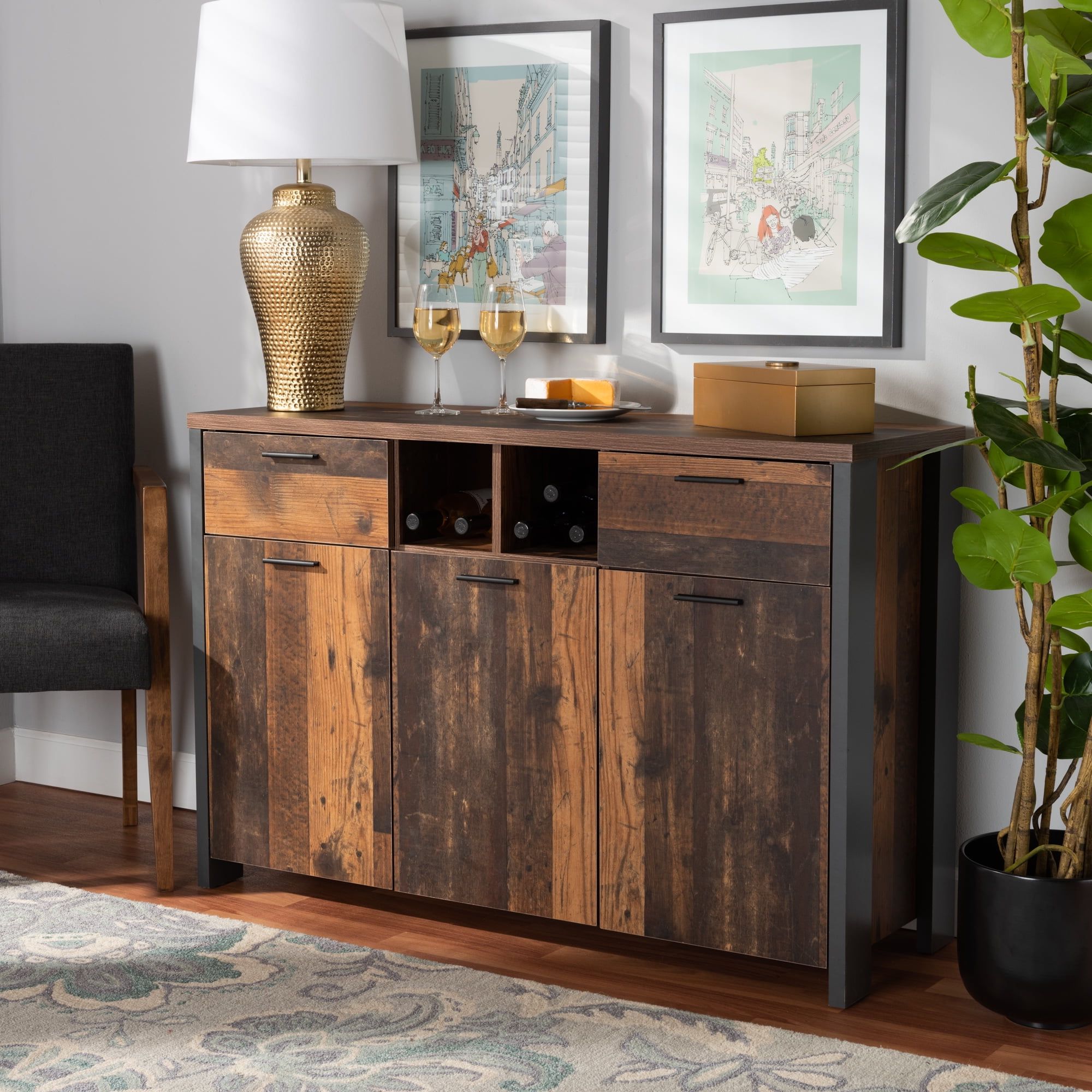 Well Known Brown Finished Wood Sideboards Within Baxton Studio Ranger Mid Century Modern Rustic Brown Finished Wood And Grey  Metal 2 Door Sideboard Buffet – Walmart (Photo 1 of 15)