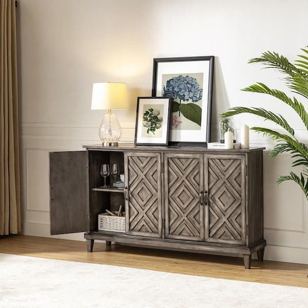 Well Known Jayden Creation Arne 60'' Wide Traditional Solid Wood 4 Doors Geometric  Patterns Storage Sideboard With Adjustable Shelves  Grey Sbty0656 Gry – The  Home Depot For Geometric Sideboards (Photo 7 of 15)