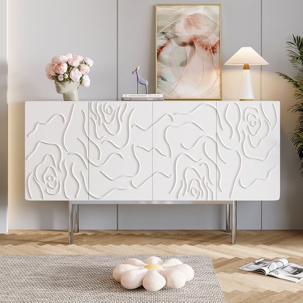 White Sideboards For Living Room Within Recent 59" White Sideboard Buffet With Doors Modern Carved Credenza Adjustable  Shelves Homary (View 5 of 15)