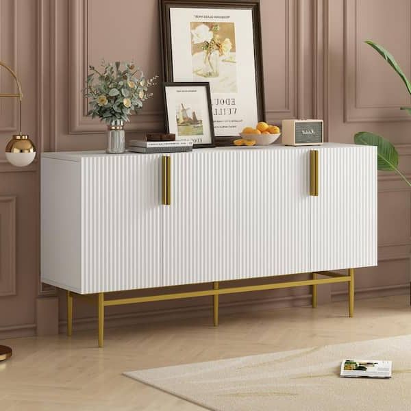 White Wood 60 In. Modern Elegant Sideboard 4 Door Buffet Cabinet Storage  Accent Cabinet With Adjustable Shelves Fy Wf304382aak – The Home Depot With Trendy Sideboards With Adjustable Shelves (Photo 11 of 15)